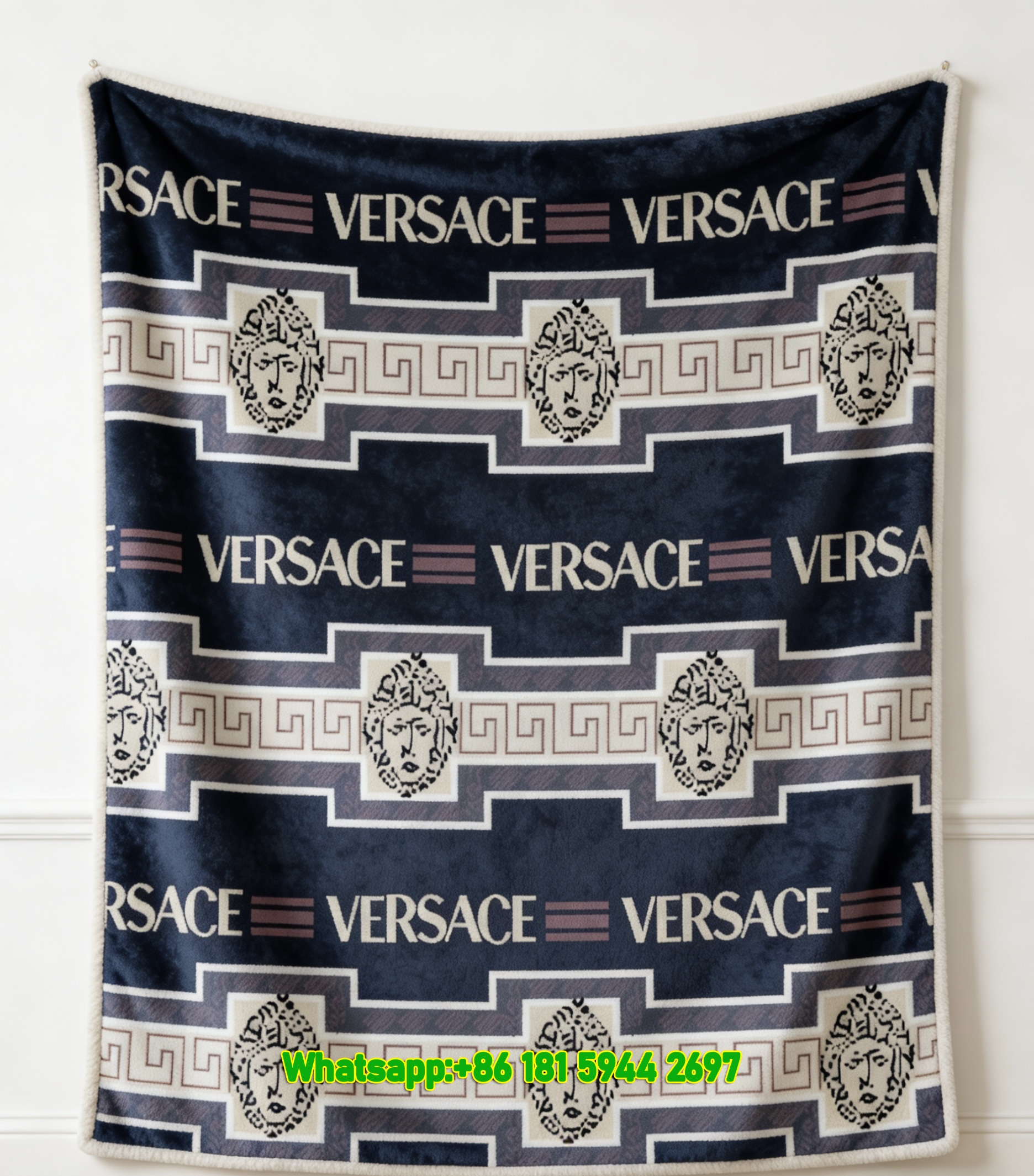 Versace Navy Blue Beige Medusa Greek Key Print Flannel Sofa Throw Blanket IMG_1443